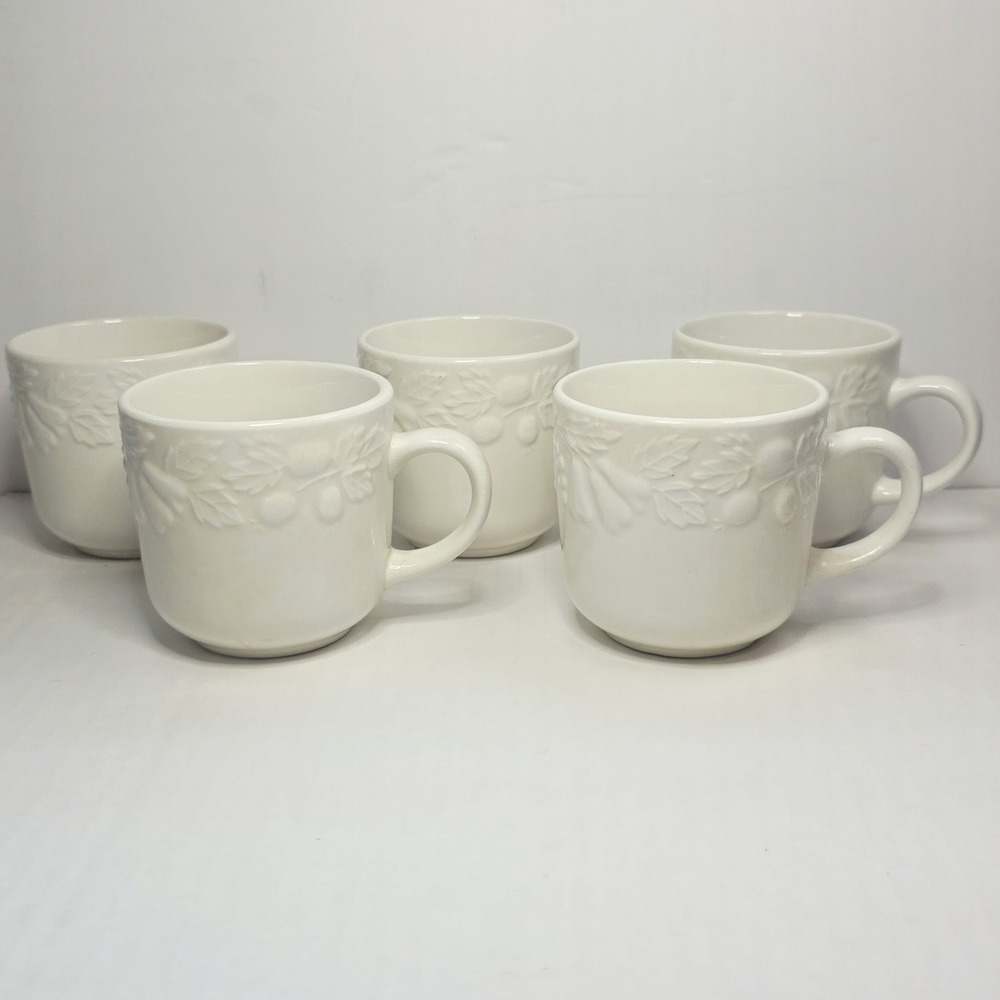 Gibson Coffee Mugs White With Embossed Fruit Design Set of 5 - 14 ou.